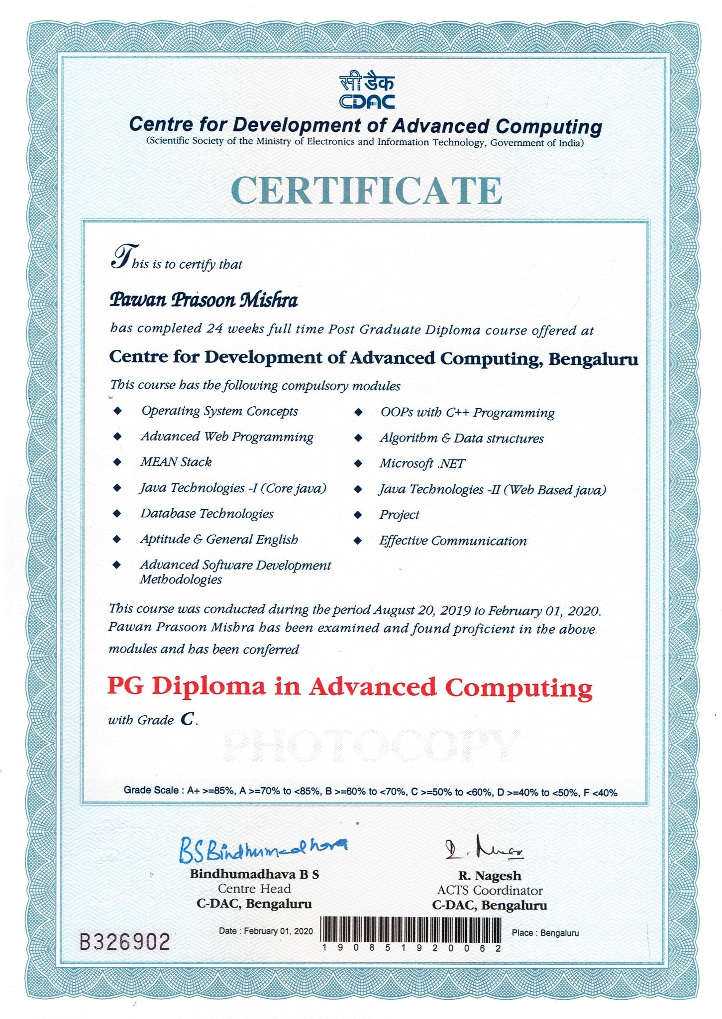 CDAC PG Diploma in Advanced Computing certificate