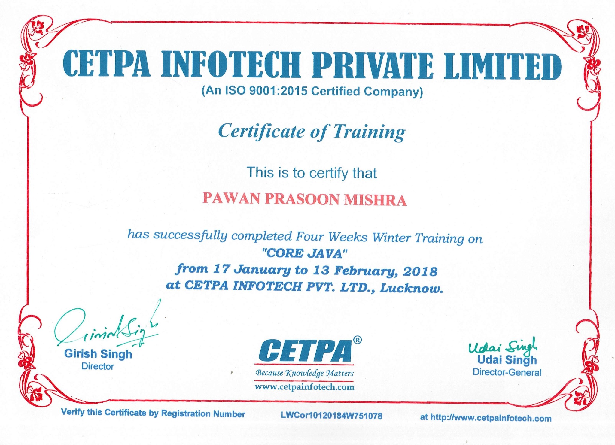 Core Java training certificate