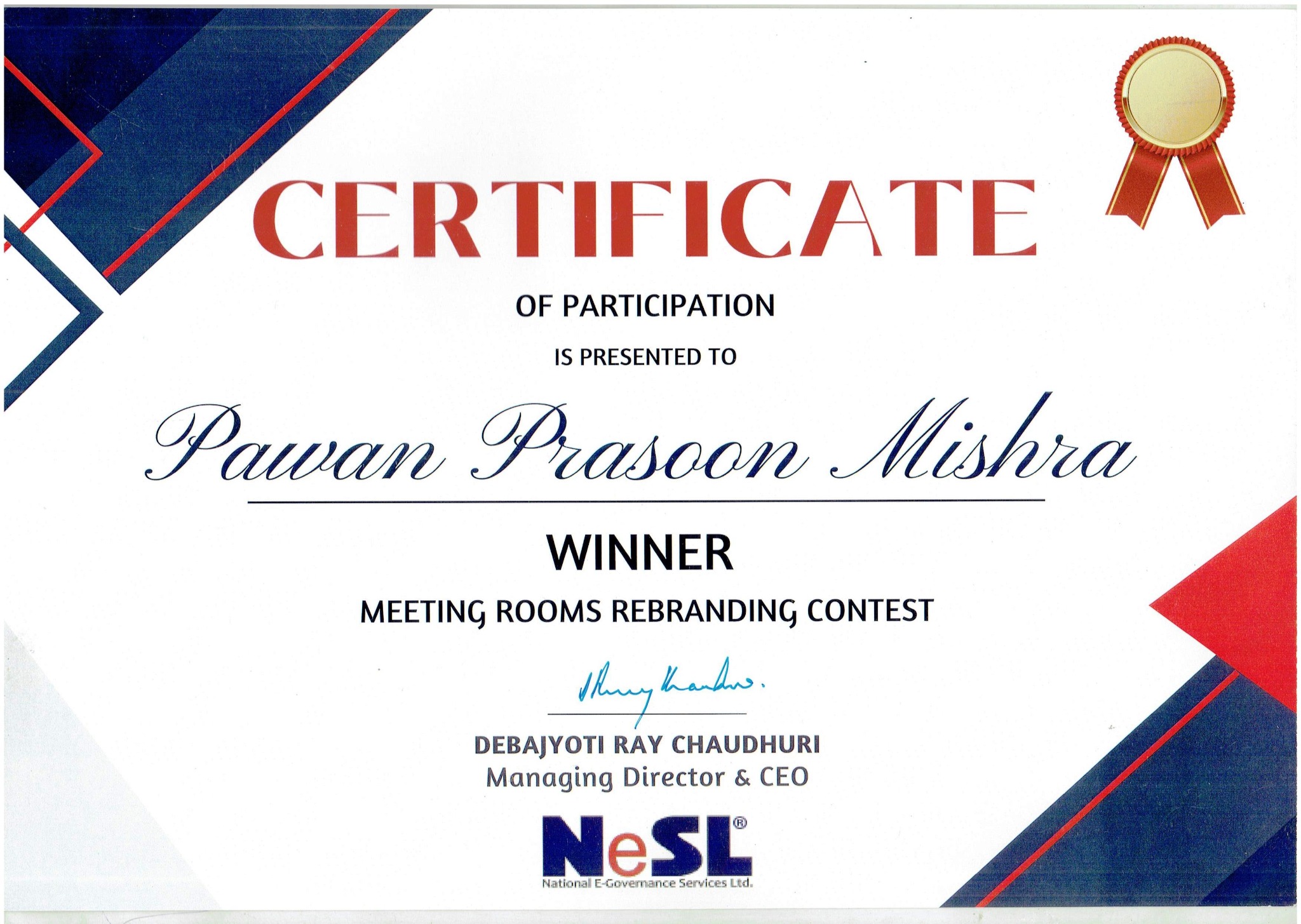 Winner certificate for meeting rooms rebranding contest
